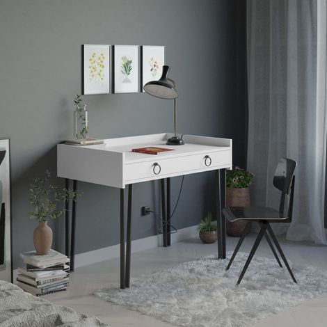 Moderne weiße Schreibtisch mit schwarzen Beinen und Schublade H 81,40 x B 61,80 x L 100 cm (1/4)
