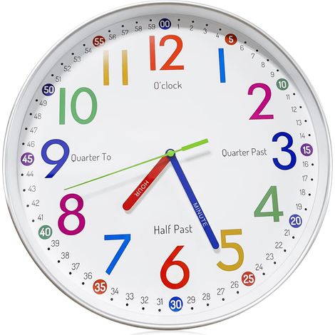Kinderwanduhr – Geräuschlos – 30 cm – Lautlos – Mehrfarbige Zahlen – Für Mädchen und Jungen