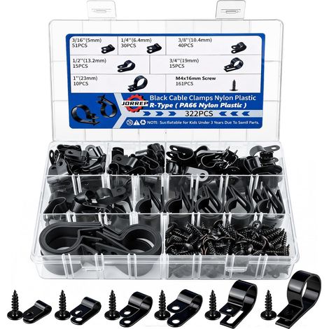 Lot de 322 serre-câbles avec vis M4, 6 tailles, en nylon, de type R, (5 mm/6,4 mm/10,4 mm/13,2 mm/19 mm/23 mm) pour la gestion des câbles au bureau, atelier et maison (1/5)