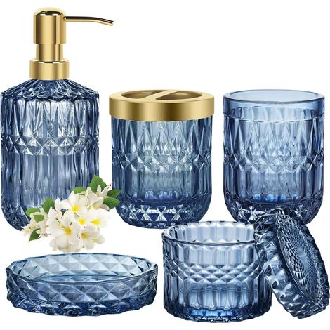 1 - Ensemble Accessoires Salle De Bain - Verre Bleu - Distributeur Savon Porte Brosse À Dents - Design Élégant Pour Maison Moderne - Bleu - 5 Pièces