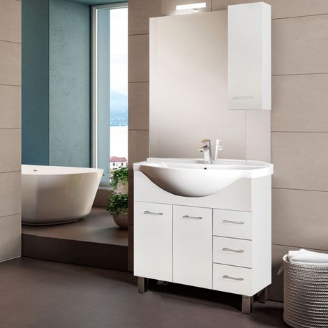 Mobile bagno a terra 2 ante 3 cassetti specchiera e lampada LED Bianco Lucido (1/3)