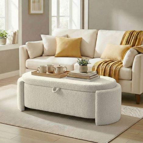 Aufbewahrungsbank, ovale Bettbank aus Teddyfleece mit breiter Sitzfläche, 129 x 48,5 x 44 cm, cremefarben