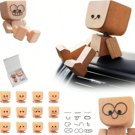 Figurine en Bois Magnétique à Pieds Oscillants – 12 Visages Interchangeables – Décoration Originale pour Voiture et Maison (1/5)