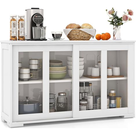 COSTWAY Aparador Cocina Armario de Baño Multiusos Gabinete Lateral con Puertas Correderas (Blanco Puro)
