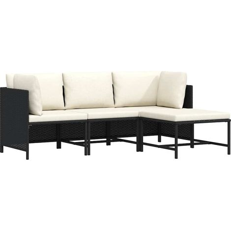 4-tlg. Garten-Sofagarnitur mit Auflagen Schwarz Poly Rattan