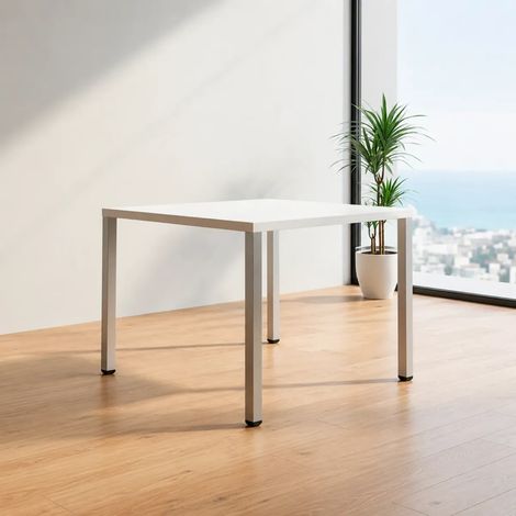 Tavolo Quadrato Leccino 80x80 con Gambe Regolabili in Altezza – Bianco e Alluminio (1/5)