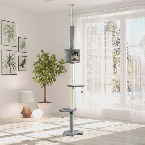 Albero tiragraffi per gatti PawHut, da soffitto, altezza 255 cm, con piattaforme, grotta, pali in sisal e palline pendenti, grigio chiaro. (1/5)