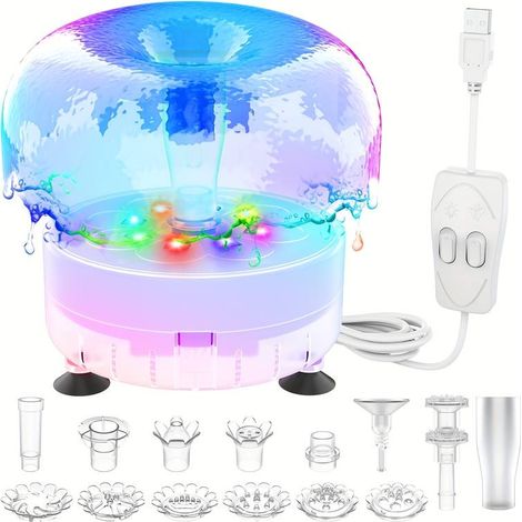 Pompe à fontaine avec lumières LED et buses, kit de pompe à fontaine à monter soi-même avec câble d'alimentation USB et adaptateur secteur, pompe à eau