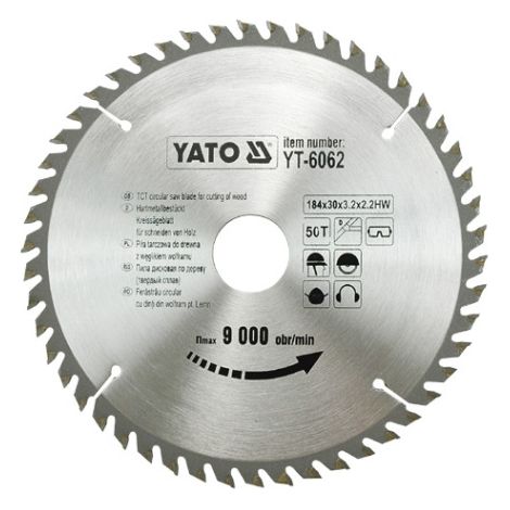YATO, modelo YT-6062, Hoja de sierra circular de 18,4 cm, 1 pieza, ideal para cortes precisos en madera, metal y plástico, alta durabilidad, herramienta profesional