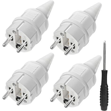 Enchufe Schuko con protección antitorsión [4 unidades], 4 enchufes con contacto de tierra de goma (250 V / 16 A) + 1 destornillador, enchufe para toma de corriente exterior, toma de corriente exterior (1/5)