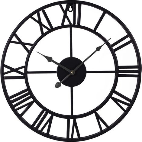 Horloge Murale Silencieuse, Chiffres Romains Modernes Grandes Horloge Murale, silencieuse en métal Rond sans tic-tac pour Salon, Cuisine, Chambres - Noir 50cm (1/5)