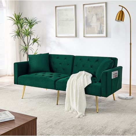 Canapé 2 places vert en velours avec dossier réglable 3 positions et 2 coussins (1/5)