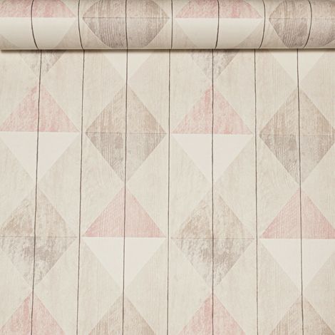 Wooden Grain Effect Panel Diamond Triangle Pink Beige White Textured Wallpaper (1/4)