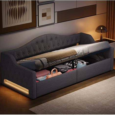 Tagesbett 90/200 cm grau aus MDF, Sperrholz und Leinen mit LED-Beleuchtung und Stauraum (1/5)