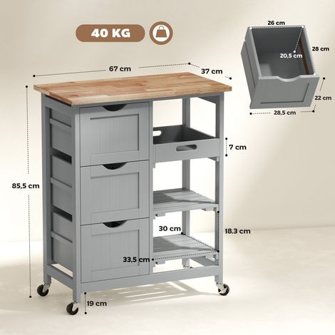 Küchenwagen mit Rollen, 3 Schubladen, 2 offenen Ablagen und herausnehmbarem Tablett, 67 x 37 x 85,5 cm, Grau