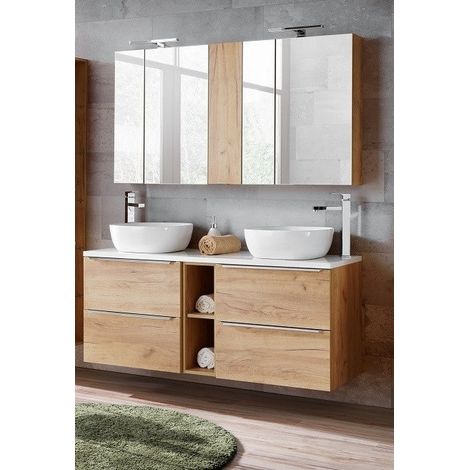 Ensemble meuble vasques à poser + Armoire miroir - 140 cm - Elise Oak - Livraison gratuite