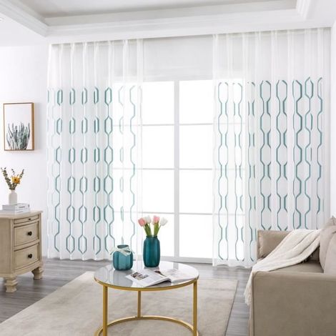 KLVGTIFS PU - Lot de 2 Rideau Voilage a Oeillet Rideau Fenêtre Salon Rideau Voilage Chambre Adulte ,140x245cm (Blanc+Bleu) (1/4)