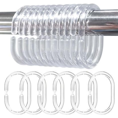 24 - Anello per tenda da doccia - Gancio a forma di C - Plastica robusta e leggera - Scorrimento fluido per aste per tende standard - Trasparente - 4,6x2,9x0,5 cm (1/5)