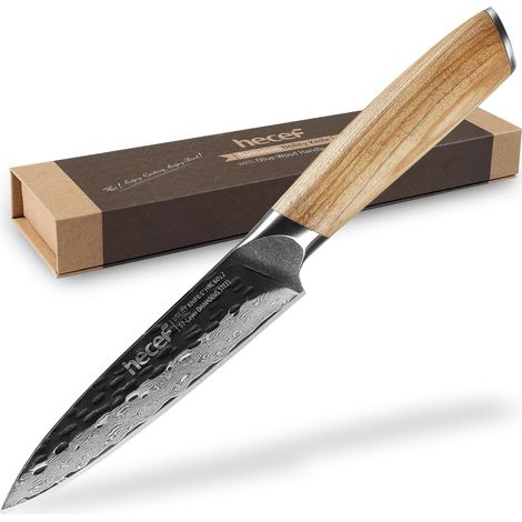 Couteau Cuisine Universel Damas 13 cm, Manche en Bois d'Olivier Couteau utilitaire en acier Damas 67 couches, ultra tranchant pour fruits, légumes, cuisine maison (1/5)