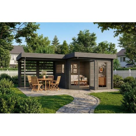 Poolhouse - Abri de jardin pentagonal Pepe Optima Gris Imprégné, 40 mm Épaisseur paroi 618 x 462 cm (1/5)