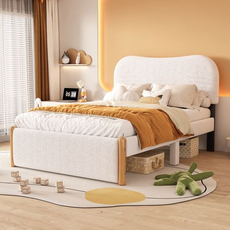 Lit rembourré 140x200 cm, joli lit pour enfant avec tête de lit en forme de nuage, lit simple, lit en bois avec sommier à lattes, blanc (1/5)