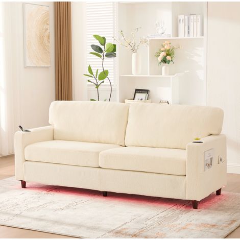Sofá de 2 plazas 203x77.5x86 cm beige en chenilla con USB-C, LED, portavasos y bolsillos laterales (1/5)