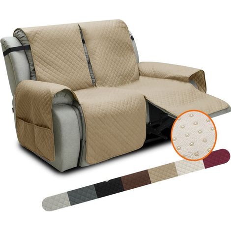 Housse de Fauteuil Relax 2 places Inclinable avec Rangement Matelassé, Dérapage Housse De Fauteuil avec Poches,Kaki (1/4)