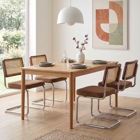Lot de 4 Chaises Velours Design Mid-Century - Dossier Cannage rotin, Assise Rembourré et Base en Métal Chromé - Marron (1/5)