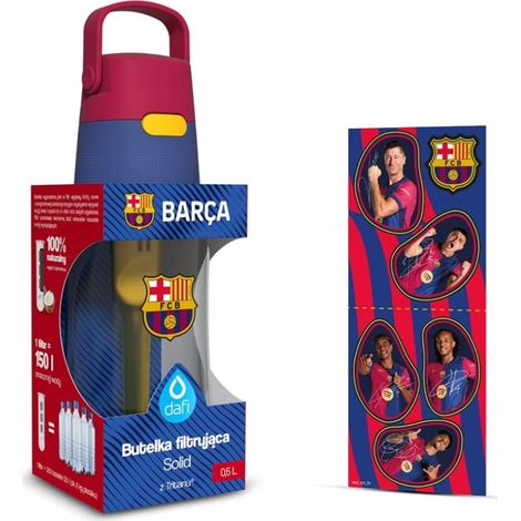Borraccia filtrante Dafi Solid FC Barcelona da 0,5 l con stemma e adesivi.
