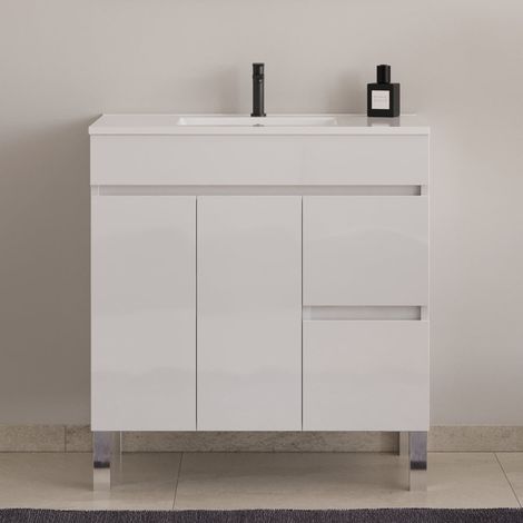 Meuble sous vasque seul, 2 tiroirs et 2 portes, 80cm, pour simple vasque - blanc brillant - HARO