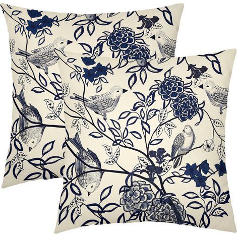 Taies d'oreiller décoratives vintage à motifs floraux et d'oiseaux, 50 x 50 cm, lot de 2, bleu marine, style chinois, convenant aux canapés, lits, vérandas, salons et à une utilisation en extérieur - (1/5)