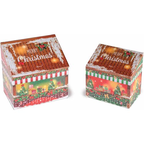 Boîtes maisonnette en bois doublé, fermeture aimantée et inscription Merry Christmas, lot de 2, grand : 18 x 12,5 x H. 18 cm