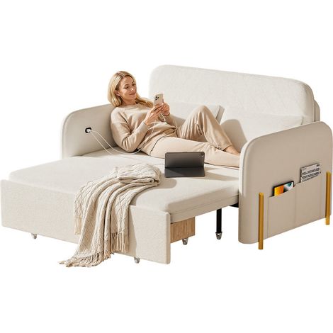 WILITTO canapé-lit double blanc cassé, Revêtement tissu lin, interface de charge intégrée, 2 Oreillers, 2 Poches Latérales Fauteuil Chaise Longue, garniture éponge, 147 x 82 x 87 cm (1/5)
