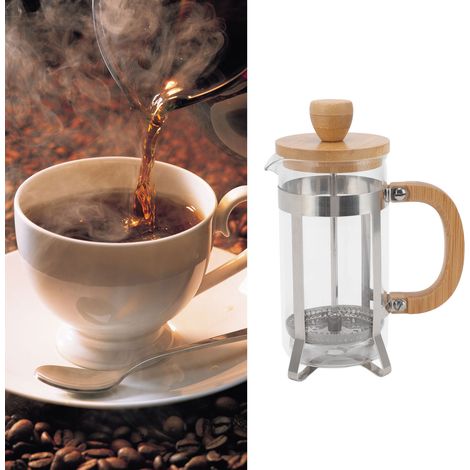 Infuseur à thé en acier inoxydable, tasse à thé, théière, cafetière à piston, cafetière avec couvercle en bambou, 350 ml (1/5)