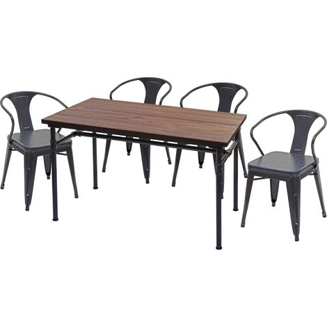 Ensemble salle à manger table 120 cm et 4 chaises avec accoudoirs style industriel bois d’orme massif acier simili cuir gris 040006735 (1/5)