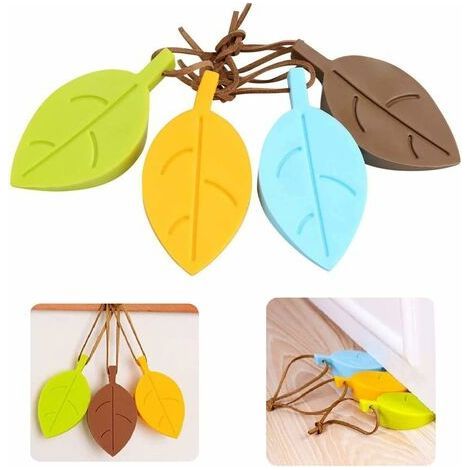 4 Pièces Arrêts Cale de Porte, Décorative en Silicone en Forme Feuille Silicone Porte Stopper avec Lanière pour Jardin de Bureau à Domicile (jaune vert bleu marron, 9.5x5cm) (1/5)