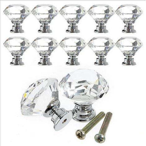 Placard Boutons de cristal forme de diamant Poignée de traction pour tiroirs Commode Armoire placards de cuisine 10 pcs 30 mm Verre (1/4)