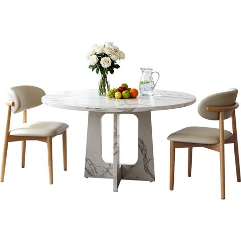 Conjunto de comedor redondo modular MDF efecto mármol blanco con 2 sillas de roble HOMVRA (1/5)