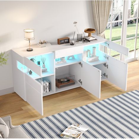 Sideboard 140x40.5x66.5 cm Weiß aus Spanplatte mit Acrylfront und LED-Beleuchtung (1/5)