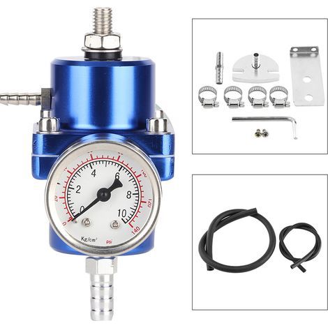 Régulateur de pression de carburant universel, régulateur de pression de carburant universel FPR en alliage d'aluminium avec tuyau de jauge 0-140psi réglable(bleu). (1/5)