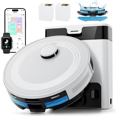 Robot Aspirateur Laveur 6000Pa avec Station Vidage Automatique Poussière,Navigation Laser avec Cartographie,Nettoyage Personnalisé, Évitement d'obstacles PSD, Idéal pour Poils d'animaux (1/5)