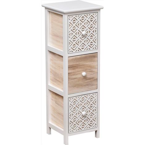 Meuble mdf/paulownia pm 3 tiroirs avec poignees bois - blanc/naturel grave blanc - Tendance (1/3)