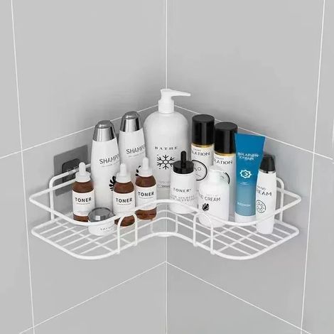 (Triangle Blanc) Étagère de salle de bain murale d'angle avec rangement, porte-shampoing, étagère à cosmétiques, panier de douche en fer, organisateur de salle de bain (1/5)