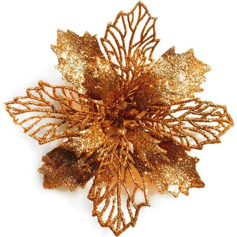 12 glitzernde Weihnachtssternblüten für den Weihnachtsbaum, 16 cm Durchmesser, mit 12 hellgrünen (bronzefarbenen) Bändern