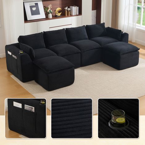 Modulares 4-Sitzer-Sofa (2 Fußhocker), Kissen, Getränkehalter, 2 Seitentaschen, Schaum-/Federkern, schnell rückfedernd. Frei kombinierbar – ideal für Wohnzimmer, Büros u.ä.(schwarzer Cord)