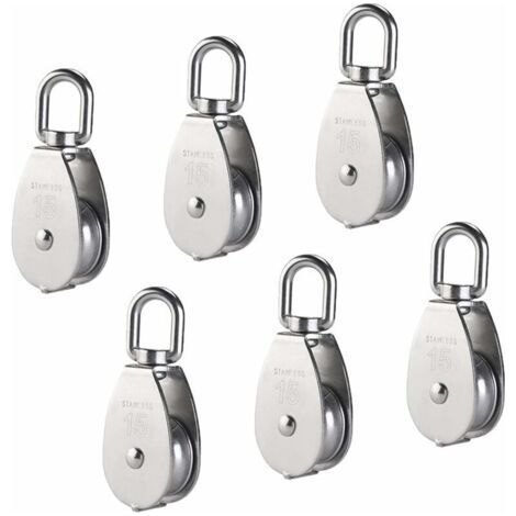 M15 Single Pulley 304 Stainless Steel, 15MM Single Pulleys Block Roller, Crane Swivel Hook Smooth Wire Rope Cable Loading 77lbs/35Kg (6 Pieces) (1/4)