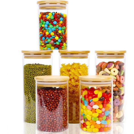 Neo Set of 6 Glass Storage Jars with Bamboo Lids Airtight Glass Canisters with 2 Size 800ml and 1200ml, Large Kitchen Food Storage Jars Cabinet Dishwasher Safe (1/5)