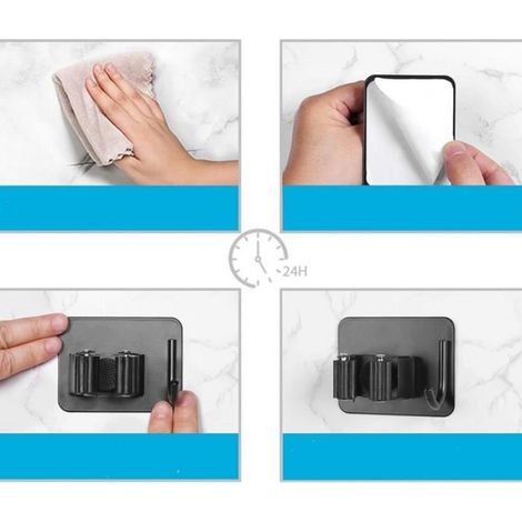 Porte Balai, Auto Adhésif Accroche Balai Mural Sans Perçage, Mop Support Avec Crochets Pour Cuisine Salle De Bain Jardin - Noir (1/4)