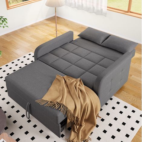 Divano letto pieghevole 127x75x94 cm, schienale regolabile a 3 angoli, con 2 cuscini, lino, grigio antico (1/5)