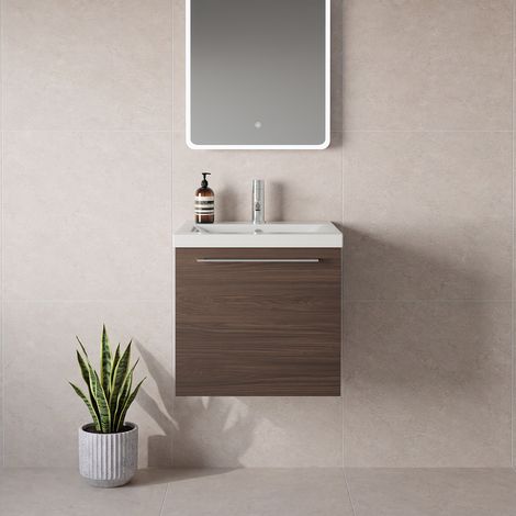 Napoli 390 Brown Oak 500mm Wall Mounted Single Drawer Vanity Unit with Glide Basin - 500mm - Chrome 320mm Handle